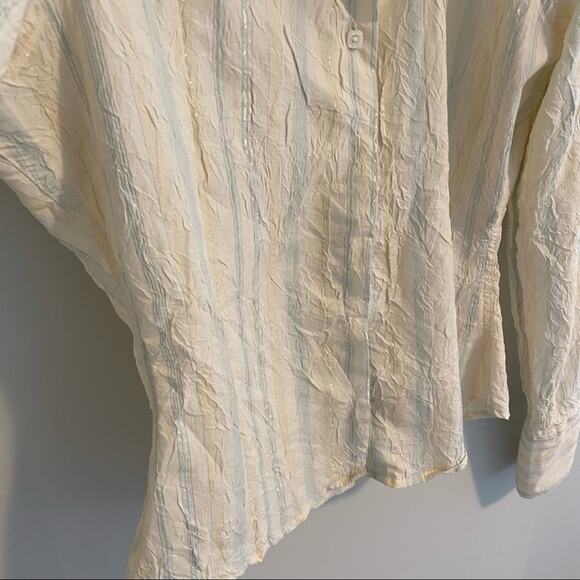 Johnny Cotton Pastel Yellow Blue Metallic Stripe Button Front Top Blouse 2 - Picture 13 of 14